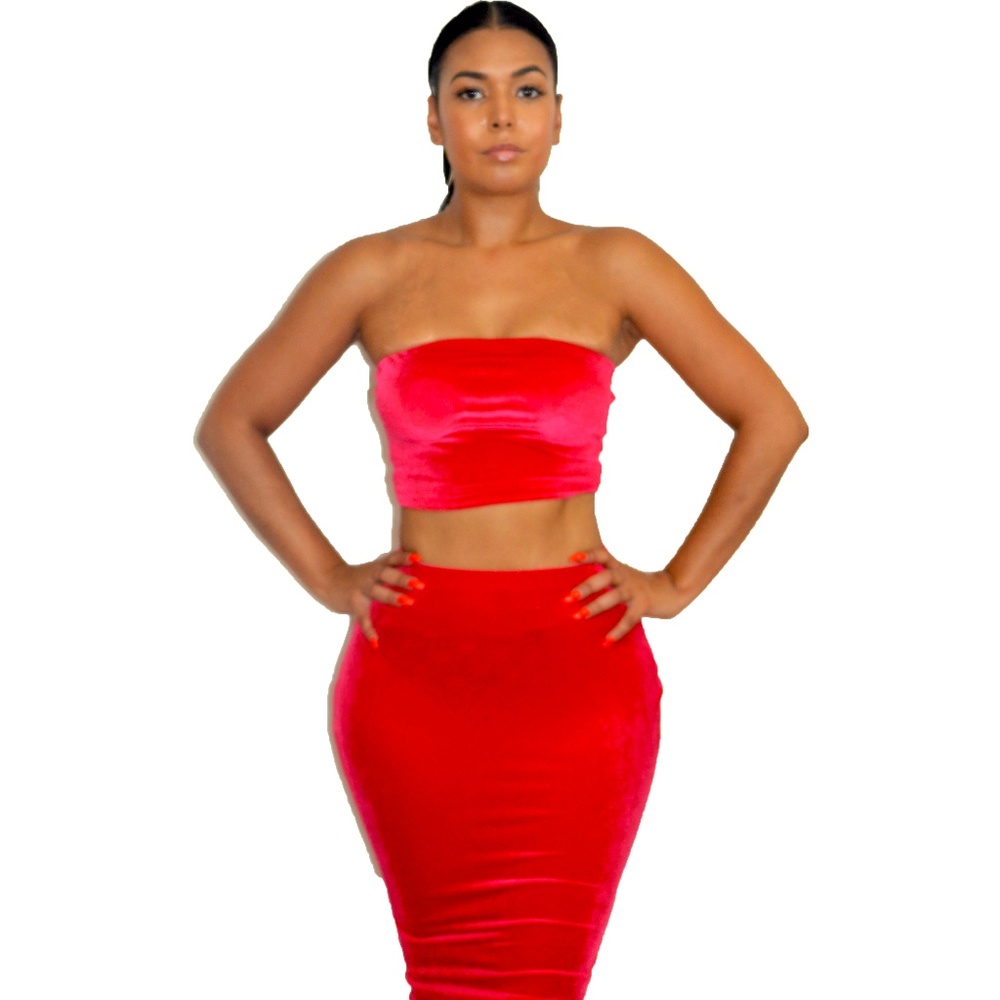 Carmine Red Velvet Tube Top & Skirt Set